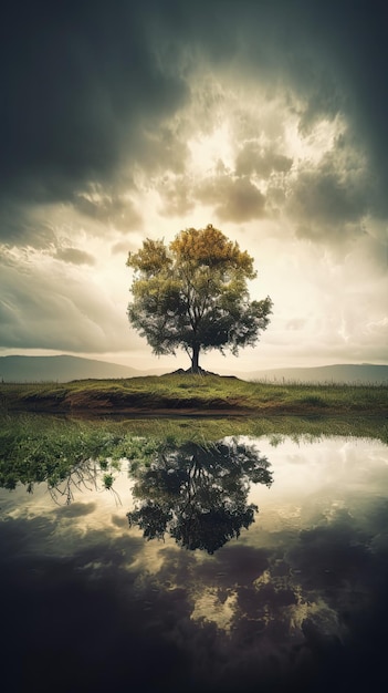 Un arbre sur une colline avec le soleil qui brille à travers les nuages