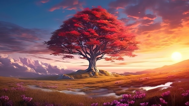 Un arbre coloré dans un champ magnifique avec un coucher de soleil en arrière-plan Generative ai