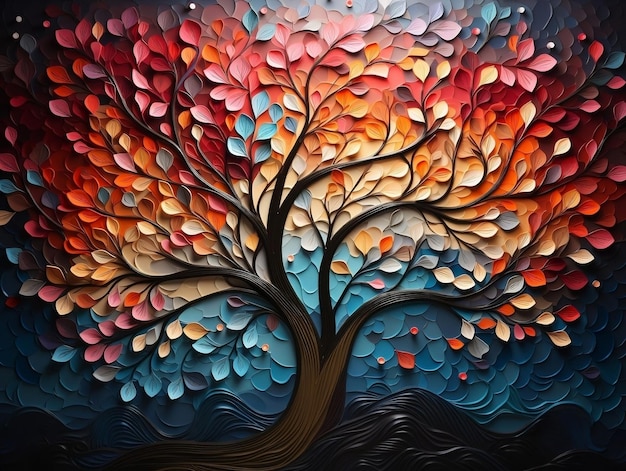 Arbre coloré avec des feuilles sur des branches suspendues décor d'art mural intérieur 3d