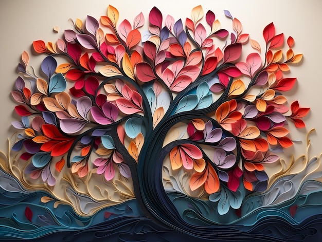 Arbre coloré avec des feuilles sur des branches suspendues décor d'art mural intérieur 3d