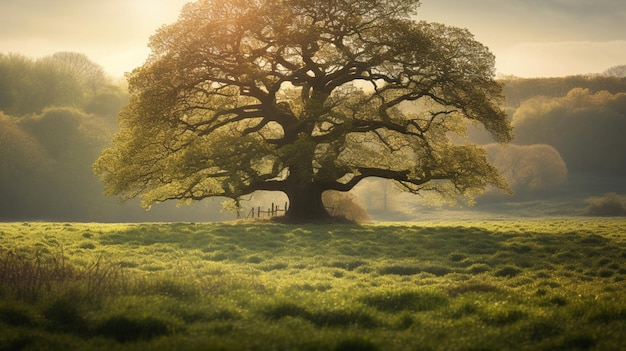 Un arbre avec un coucher de soleil en arrière-plan