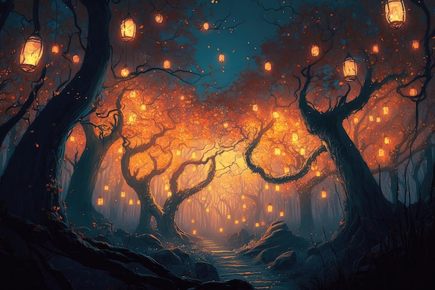 Arbre couvert de lanternes lumineuses illuminant la forêt