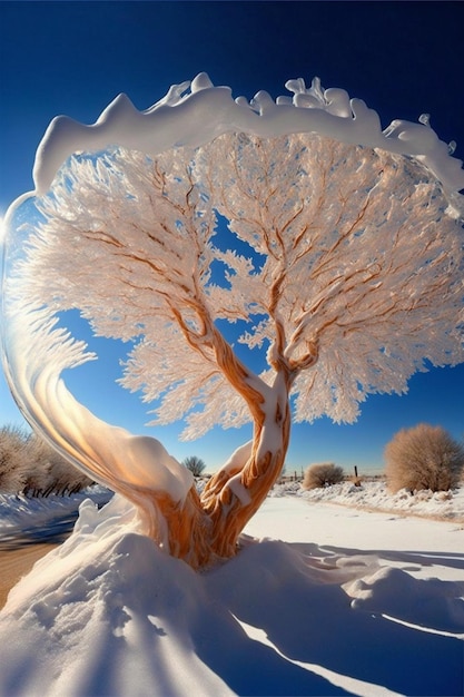 Arbre couvert de neige assis au sommet d'un sol couvert de neige ai générative