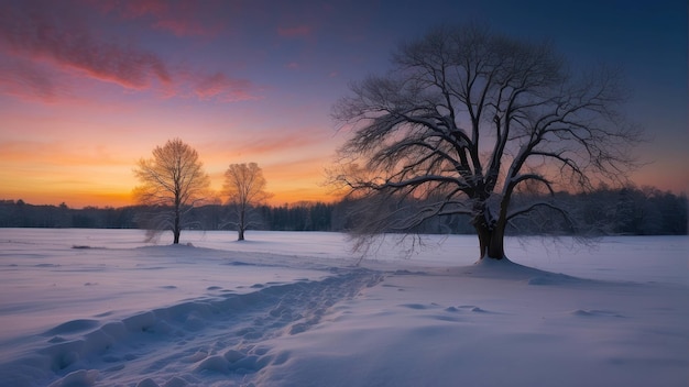 Arbre couvert de neige dans un paysage de coucher de soleil d'hiver