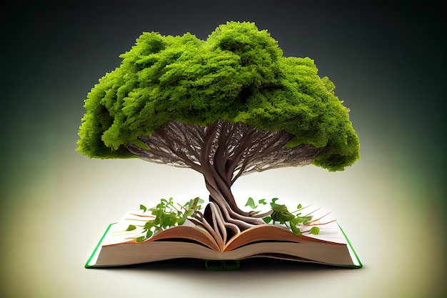 Arbre en croissance avec des feuilles vertes à partir d'un livre ouvert Generative Ai