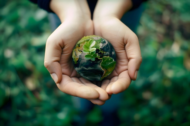 Arbre en croissance sur Globe dans la main humaine sur fond de nature verdoyante Jour de la Terre Generative AI 2