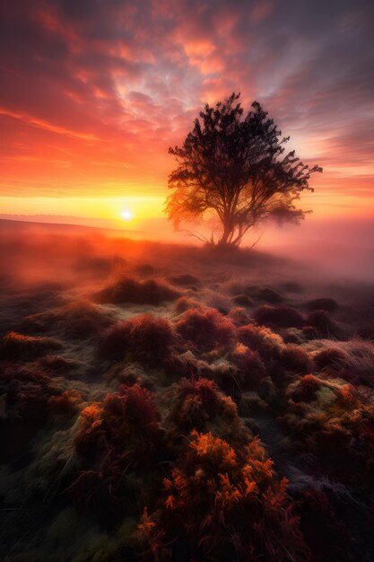 Un arbre dans le brouillard avec le soleil couchant derrière lui