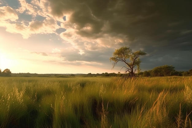 Un arbre dans un champ de blé avec un ciel d'orage en arrière-plan