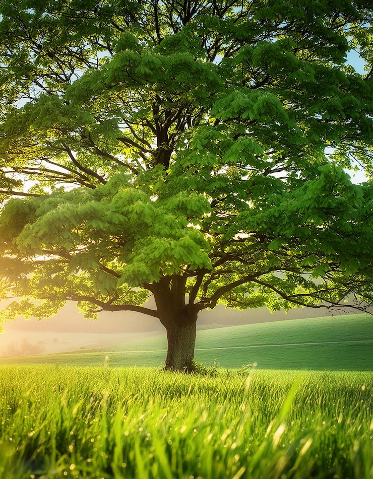Photo un arbre dans un champ avec un champ vert et le soleil brillant à travers les feuilles