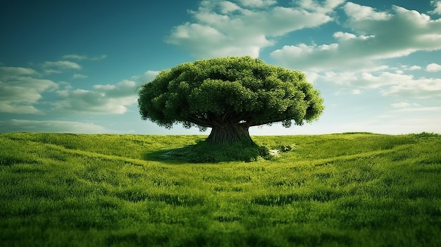 Un arbre dans un champ avec un ciel bleu et des nuages