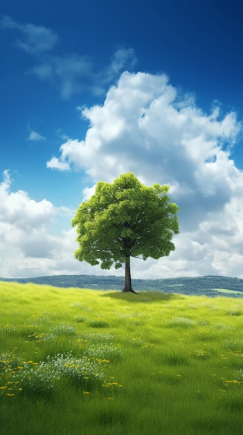 Un arbre dans un champ avec un ciel bleu et des nuages