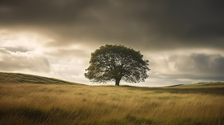 Photo un arbre dans un champ avec un ciel nuageux
