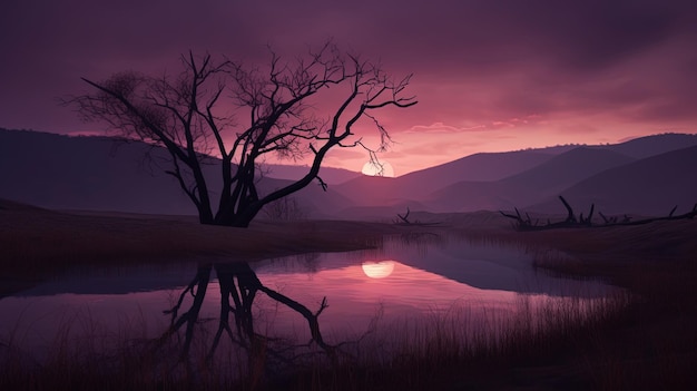 Un arbre dans un champ avec un ciel violet et le soleil se reflétant sur l'eau.