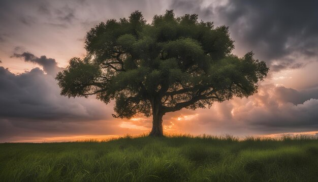 un arbre dans un champ avec un coucher de soleil derrière lui