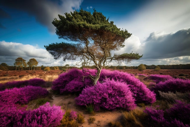 Un arbre dans un champ de fleurs violettes