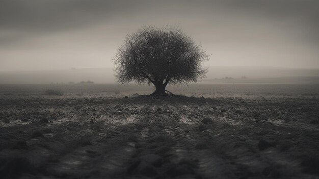 Un arbre dans un champ avec un fond brumeux