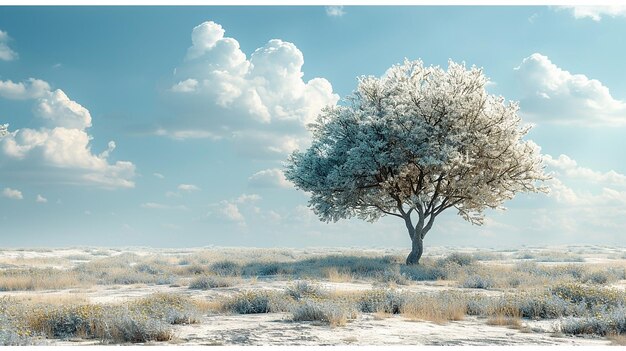un arbre dans un champ avec un fond de ciel