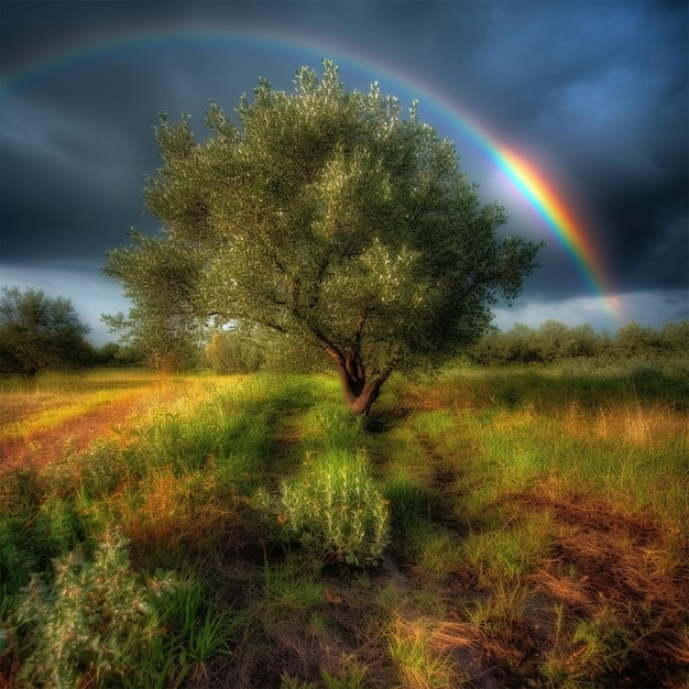 Arbre dans un champ d'herbe de prairie sous une série nature double ciel arc-en-ciel Generative Ai