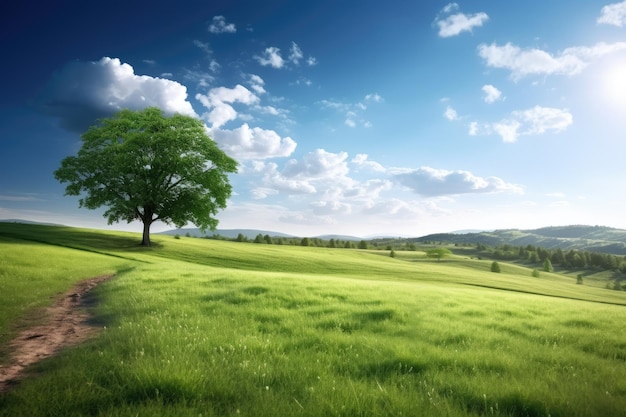 un arbre dans un champ herbeux