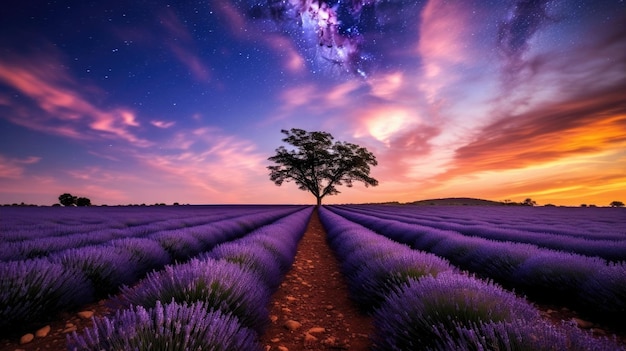 Un arbre dans un champ de lavande