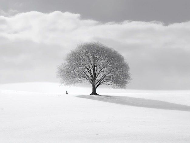 Un arbre dans un champ avec une personne debout devant lui.