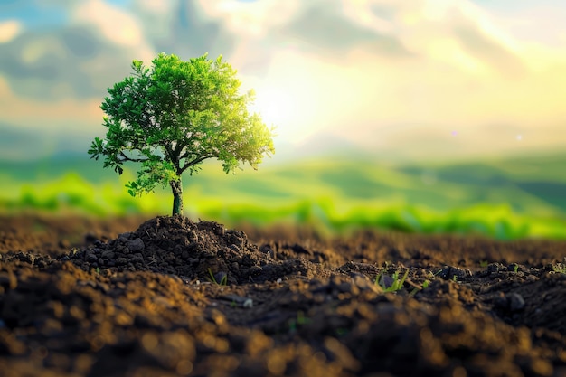 un arbre dans un champ avec le soleil brillant à travers les nuages