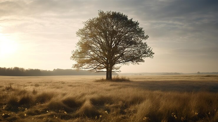 Photo un arbre dans un champ avec le soleil couchant