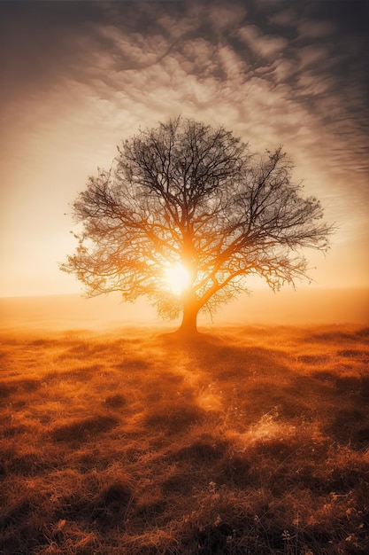 Un arbre dans un champ avec le soleil derrière lui