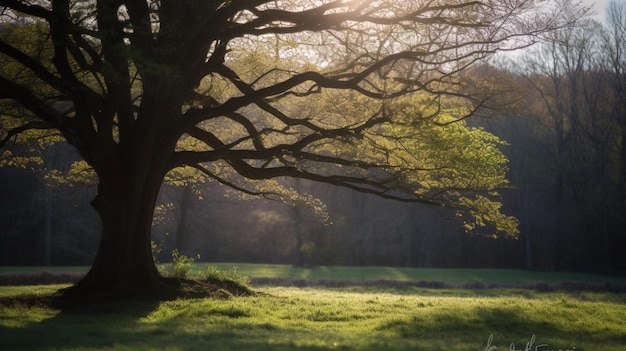 Un arbre dans un champ avec le soleil qui brille à travers les branches