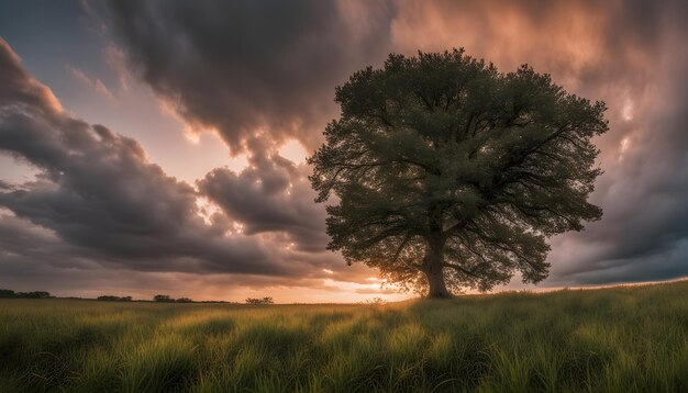 un arbre dans un champ avec le soleil qui se couche derrière lui