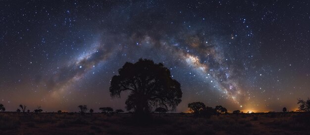 Photo un arbre dans un champ sous un ciel étoilé