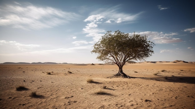 Un arbre dans le désert avec un ciel nuageux