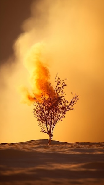 Un arbre dans le désert avec de la fumée en arrière-plan