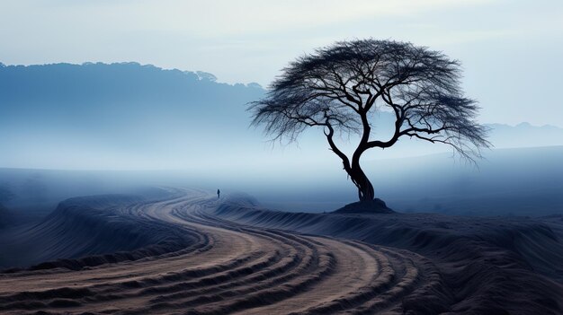 Photo un arbre dans le désert avec un homme qui marche sur le sable