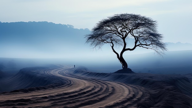 Photo un arbre dans le désert avec un homme qui marche sur le sable