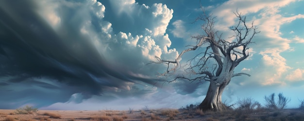Un arbre dans le désert sous un ciel nuageux