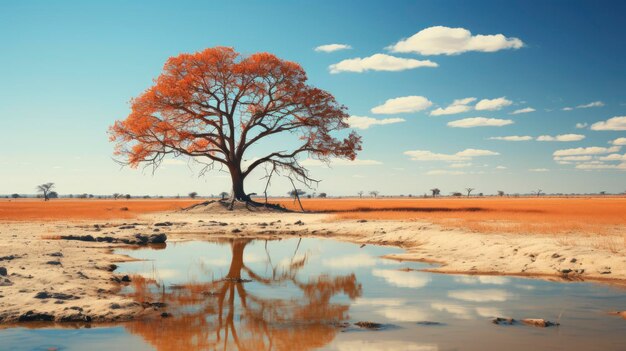 un arbre dans l'eau avec un reflet du ciel et des nuages