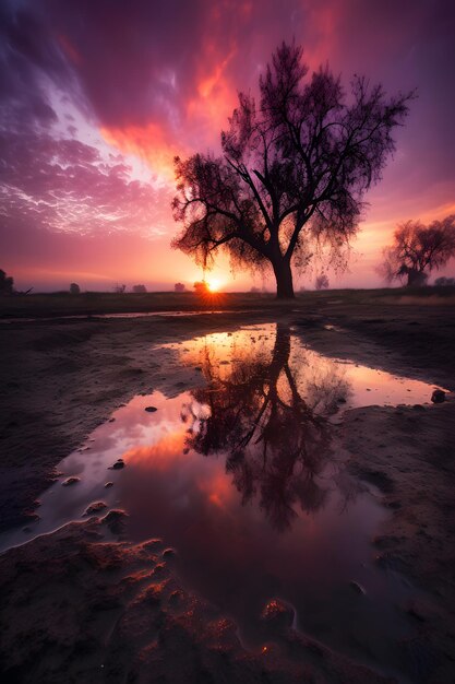 Un arbre dans une flaque d'eau avec le ciel en arrière-plan