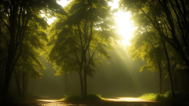 un arbre dans la forêt avec des rayons de soleil