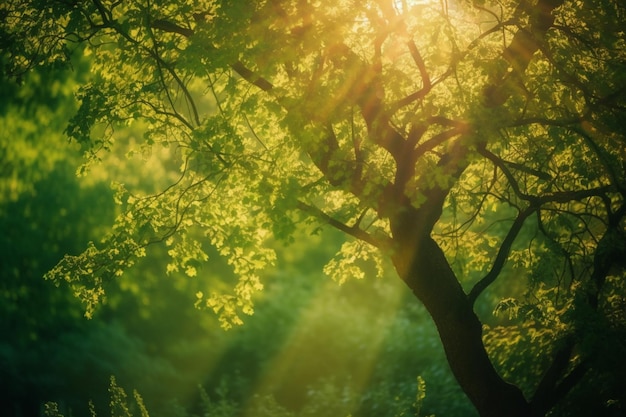 Un arbre dans une forêt avec le soleil qui brille à travers les feuilles