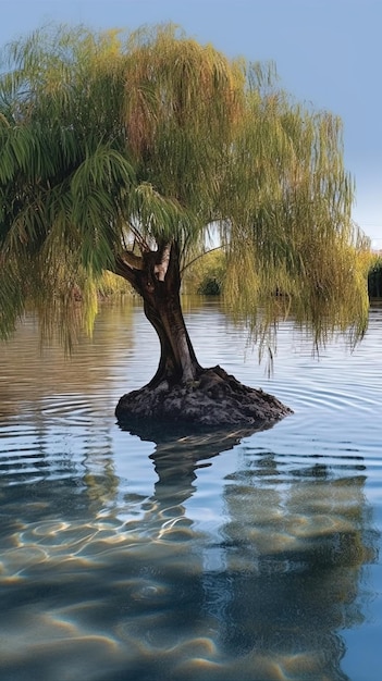 Un arbre dans un lac avec le nom de saule dessus