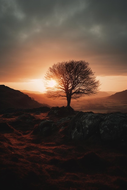 Un arbre dans les montagnes avec le soleil couchant derrière lui