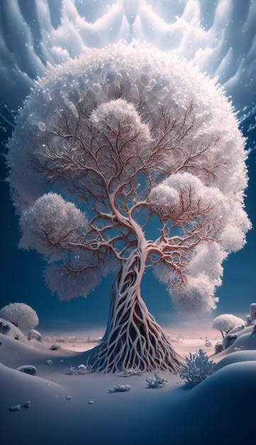 Un arbre dans la neige avec l'arbre au milieu