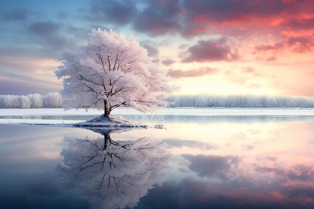 Un arbre dans la neige avec le reflet d'un ciel nuageux.