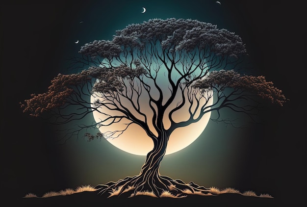Un arbre dans l'ombre sur un fond clair de lune