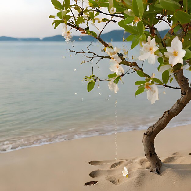 Photo un arbre dans le sable avec une fleur dans l'eau