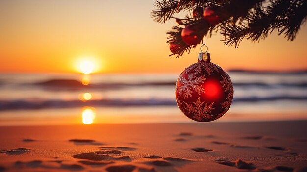 Photo arbre décoré d'ornements de noël rouges sur la plage de californie avec coucher de soleil