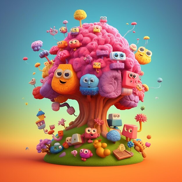 Un arbre de dessin animé avec un arbre rose et un groupe de hiboux dessus