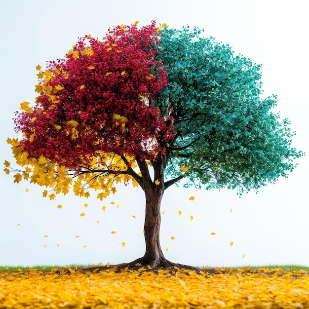 Photo un arbre avec deux couleurs de feuilles d'automne et d'automme