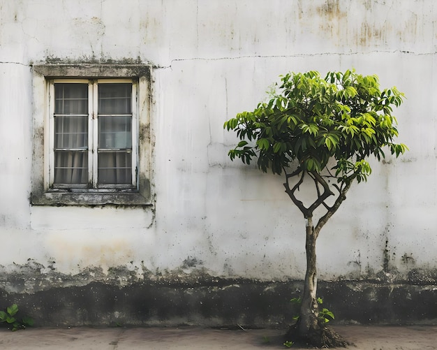 un arbre devant un bâtiment avec une fenêtre